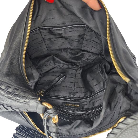 Michael Kors Handbag Purse Black Leather Gold Tassel Fringe Crescent Shoulder - Picture 9 of 13